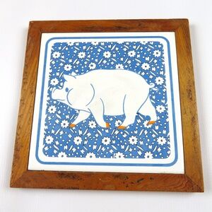 VTG pig blue floral wood tile trivet / table decor / plaque for wall/ country
